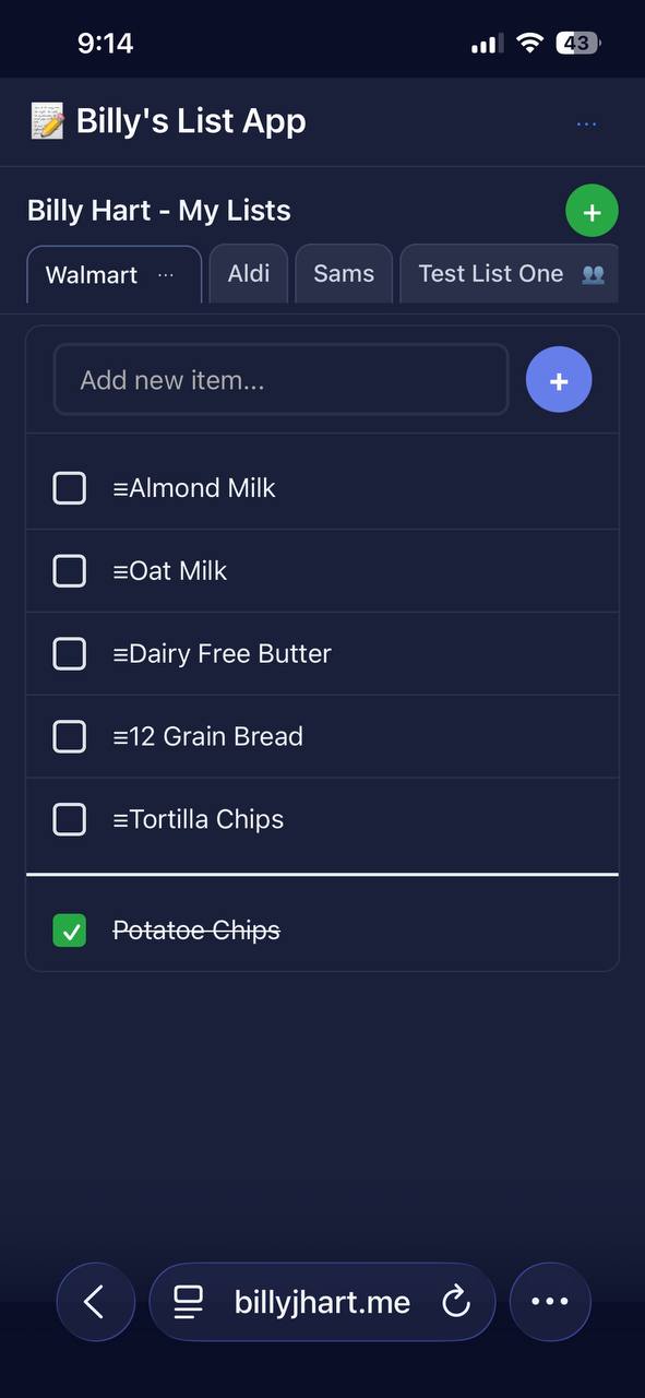 Billy's List App screenshot showing dark-mode shared grocery list tabs and checklist items
